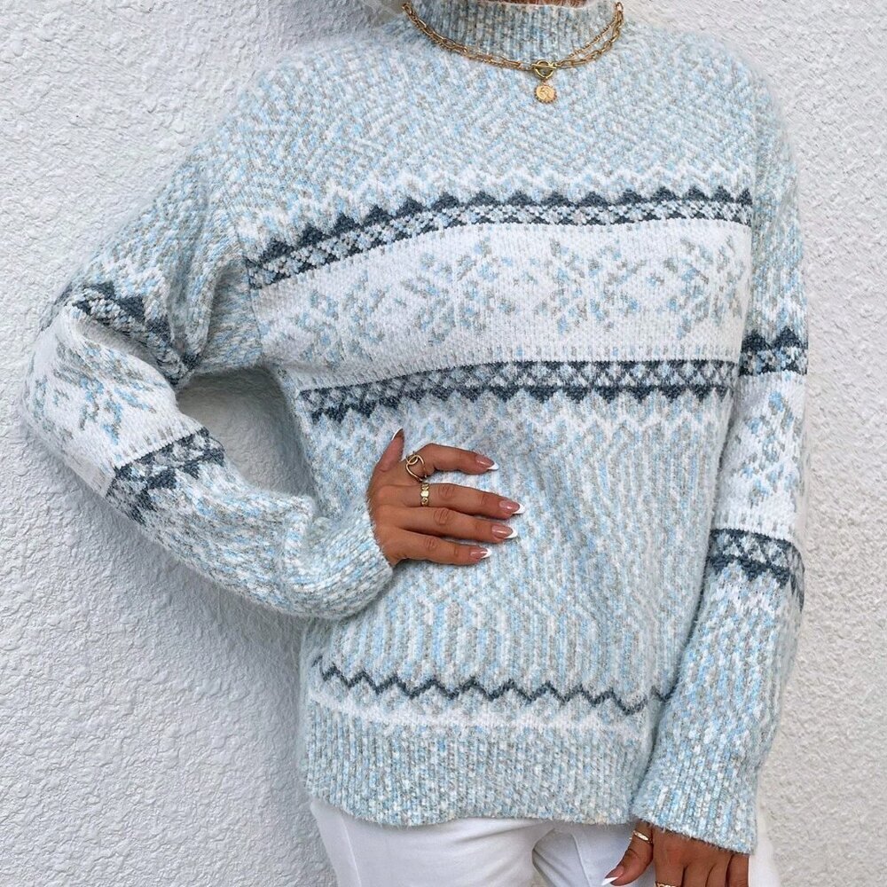 Baby Blue Casual Women's Turtleneck Sweater